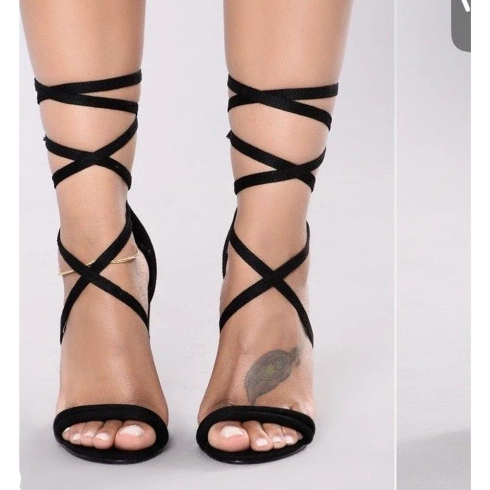 Fashion Nova Strappy Lace Up Block Heels Black Party Club Shoes Size 8